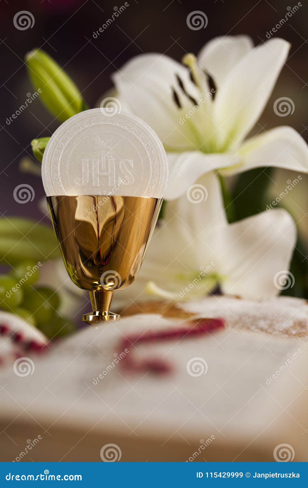 Symbol Christianity Religion a Golden Chalice with Grapes and Br Stock ...