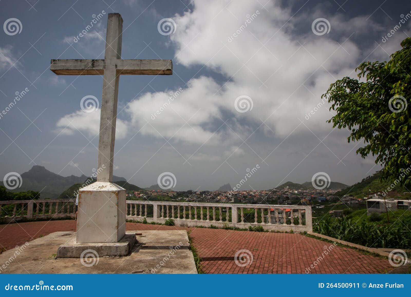 holy cross and mountains with view over the city of assomada on the island of santiago, cabo verde islands