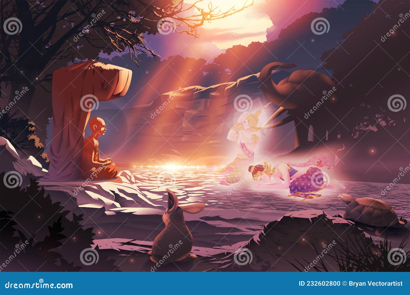 a holy monk who has attained the highest enlightenment is meditating and giving dharma to devas in the deep forest