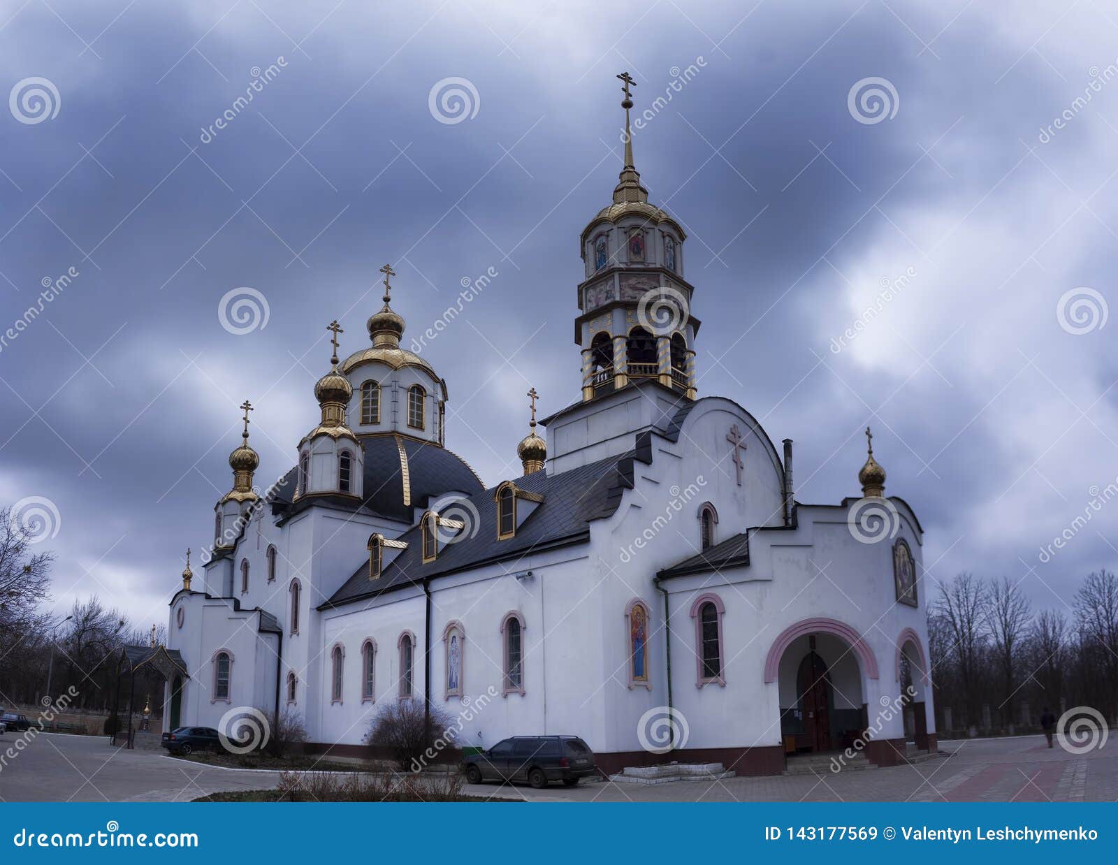 holy trinity cathedral in kramatorsk, cloudy day, march