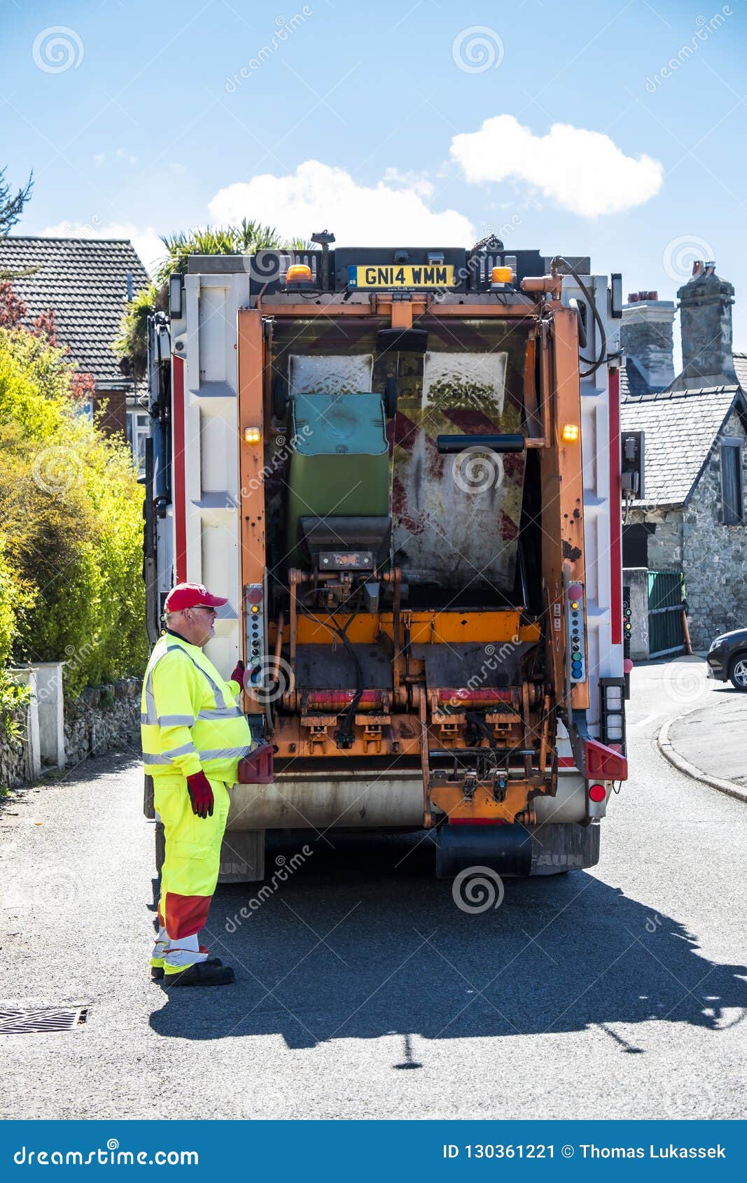 Holyhead Wales April 30 2018 Garbage Van Cleaning the Bins