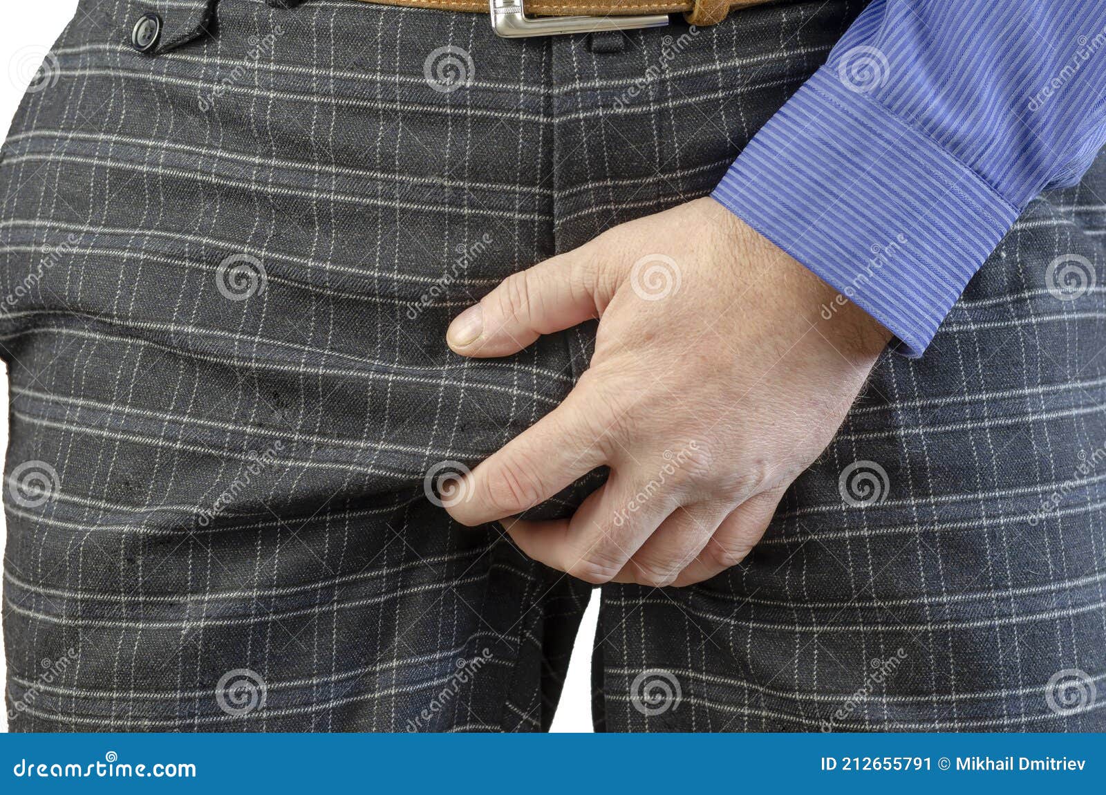 Hombre Adulto De Pantalón Cuadros Grises Y Camisa Azul Con Las Manos Sosteniendo La Entrepierna Imagen de archivo - Imagen de enfermedad, secuencia: 212655791