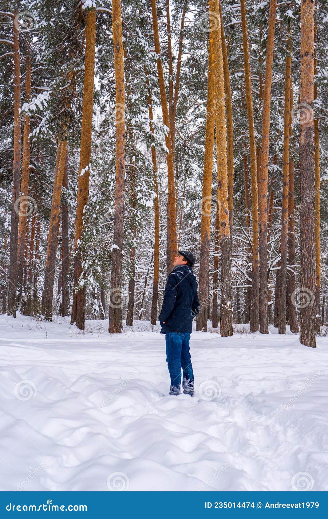 Hombre en chaqueta de invierno caminando en el bosque de invierno