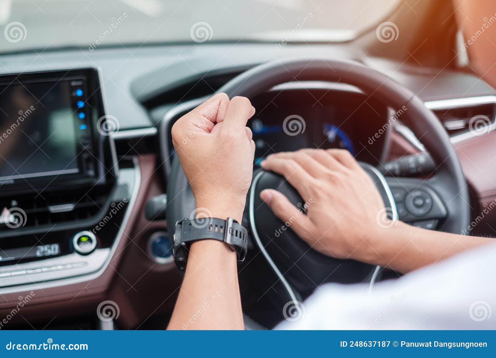 Hombre Conductor Que Toca Con Bocina Un Coche Durante La Conducción Por  Carretera Que Controla El Volante En El Vehículo. Viaje Y Imagen de archivo  - Imagen de cuidado, gente: 248637187