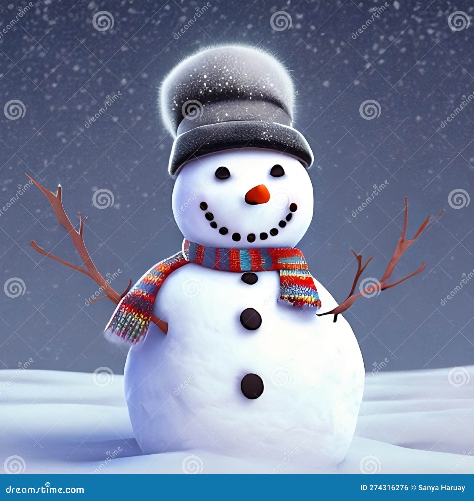 Hombre De Nieve Con Sombrero De Top Gris Y Negro Rojo Y Pañuelo Azul Y  Amarillo Ai Generado. Stock de ilustración - Ilustración de azul, desgaste:  274316276