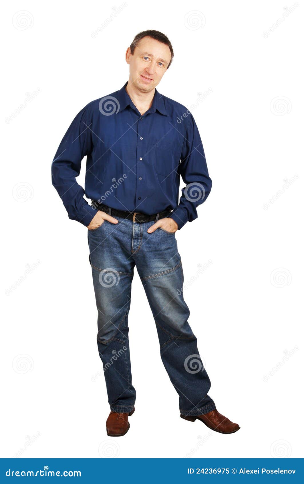 Hombre En Una Camisa Marino Y Pantalones Vaqueros Azul Marino Imagen de archivo - Imagen sencillo, feliz: 24236975
