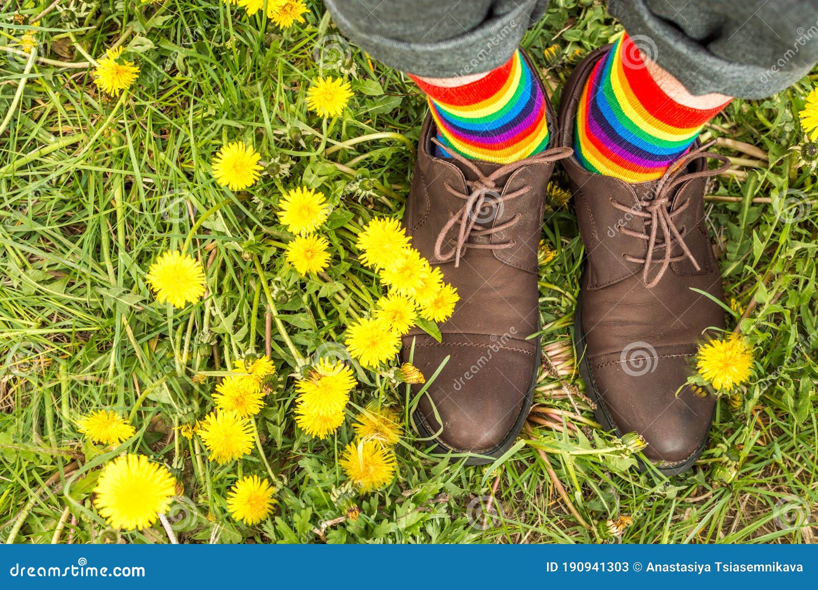 Hombre En Zapatos Y Medias De Colores Arcoiris Se Para En Hierba En Medio De Los Dientes Concepto Lgbt. Cerrar Imagen de archivo - Imagen de indicador, calcetines: 190941303
