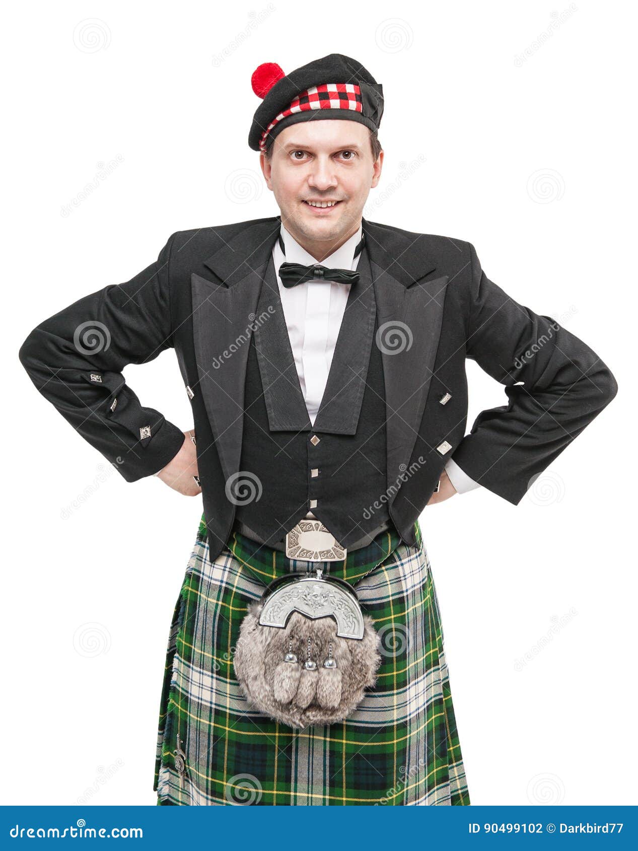 Hombre Escocés En Traje Nacional Tradicional Con Kilt Soplando