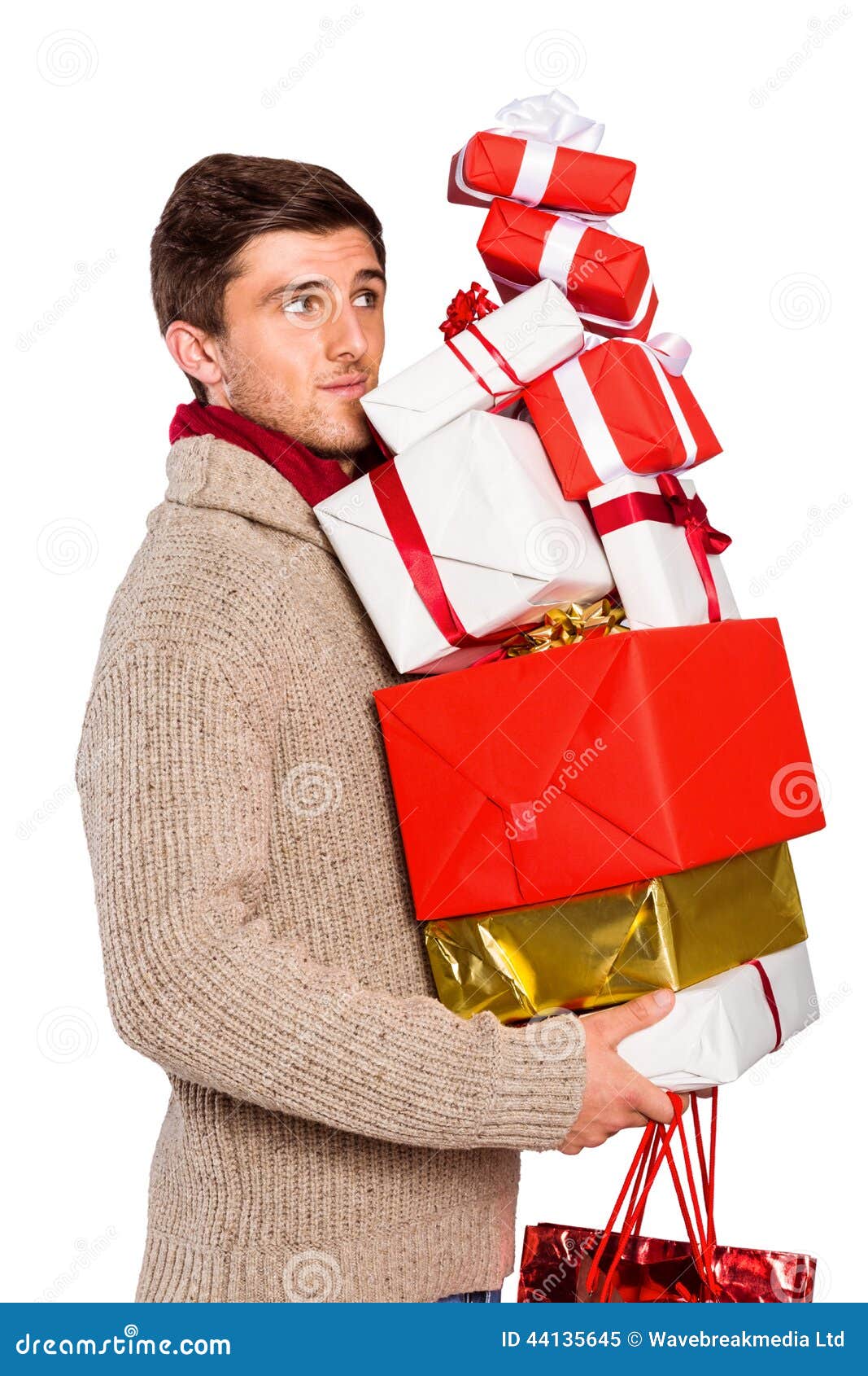 Hombre Joven Con Muchos Regalos De Navidad Imagen de archivo - Imagen de  fondo, salir: 44135645