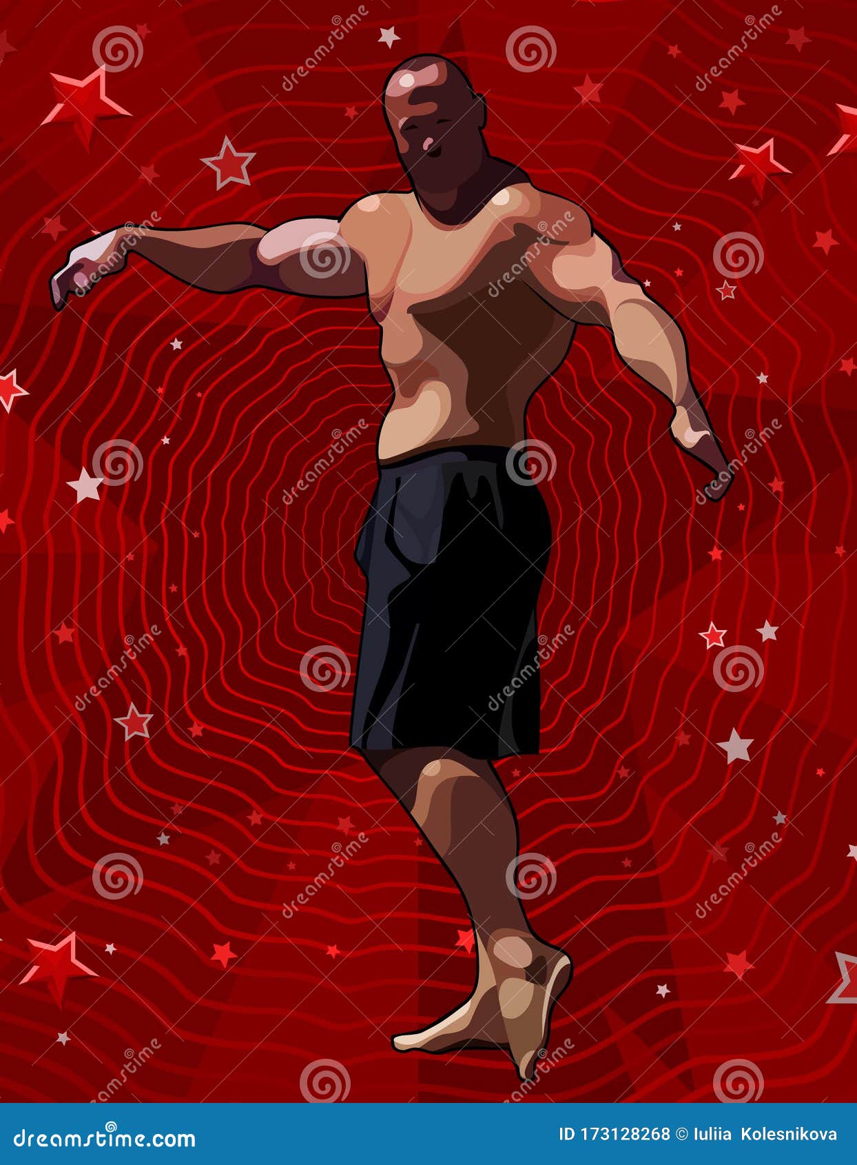 Hombre Musculoso De Dibujos Animados Con Pantalones Cortos Posando Sobre Un  Fondo Rojo Con Estrellas Ilustración del Vector - Ilustración de activo,  bailando: 173128268