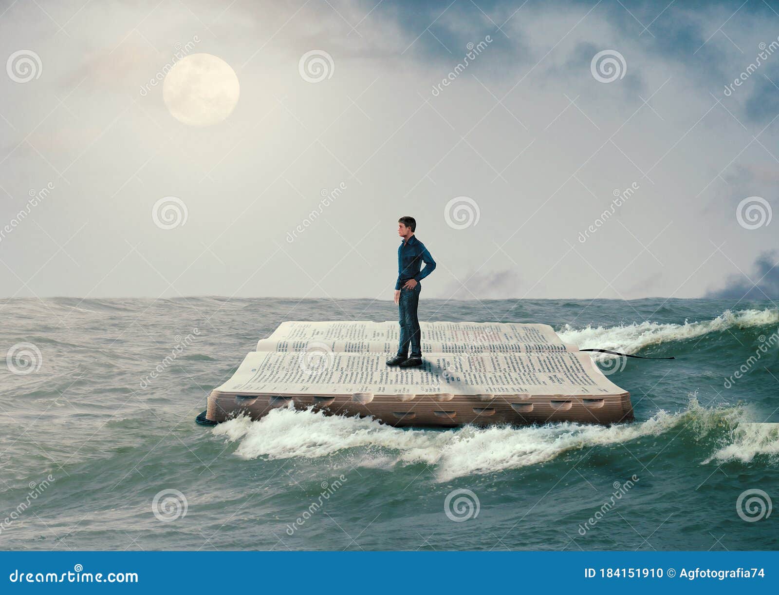 Hombre Navegando En La Sagrada Biblia En Mares Agitados Buscando La Salvación Por Fe En Jesús