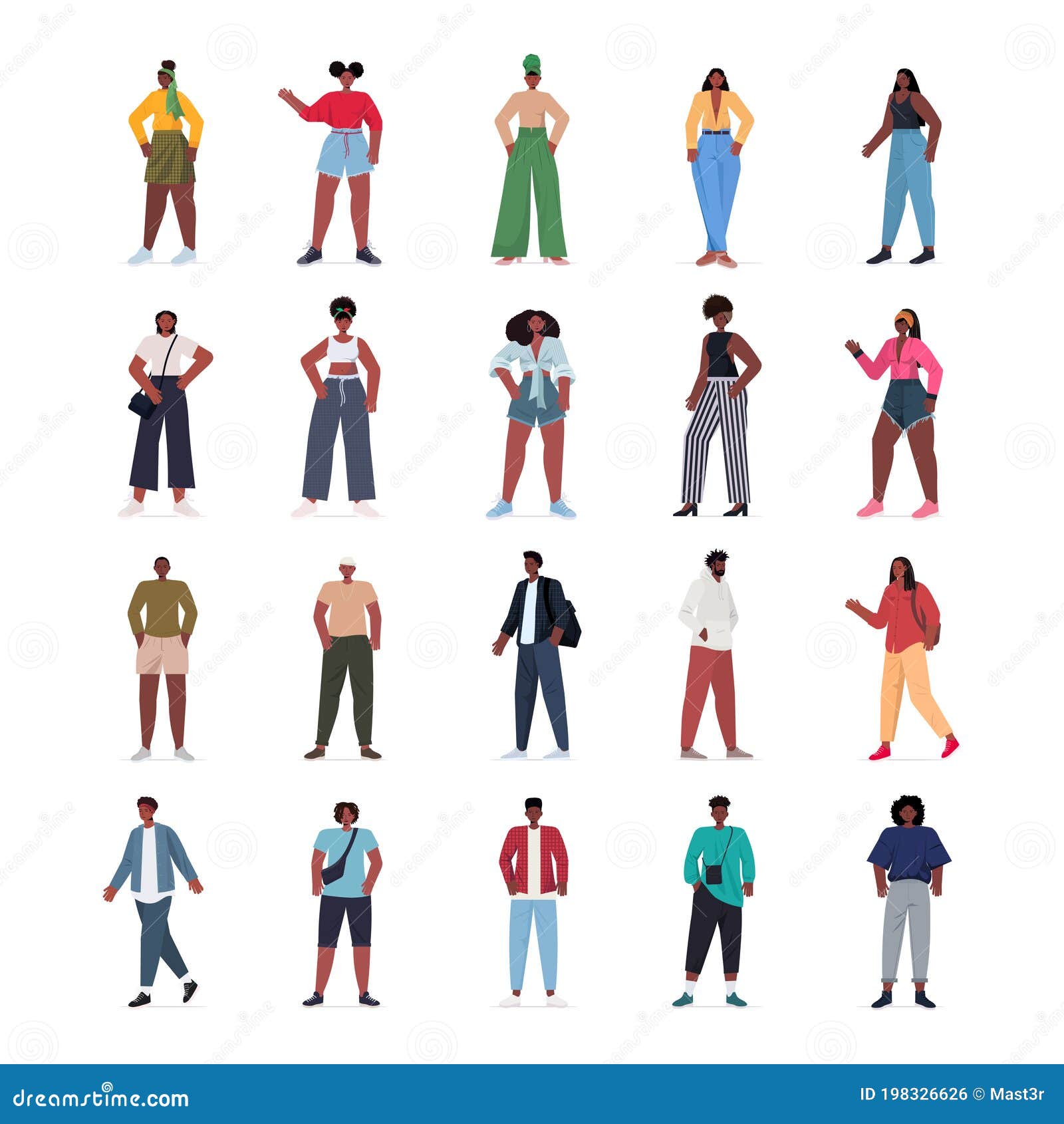 Hombres Jóvenes Vestidos De Moda Informal Con Personajes De Caricatura  Masculino Afroamericano Ilustración del Vector - Ilustración de ropas,  mirando: 198326626