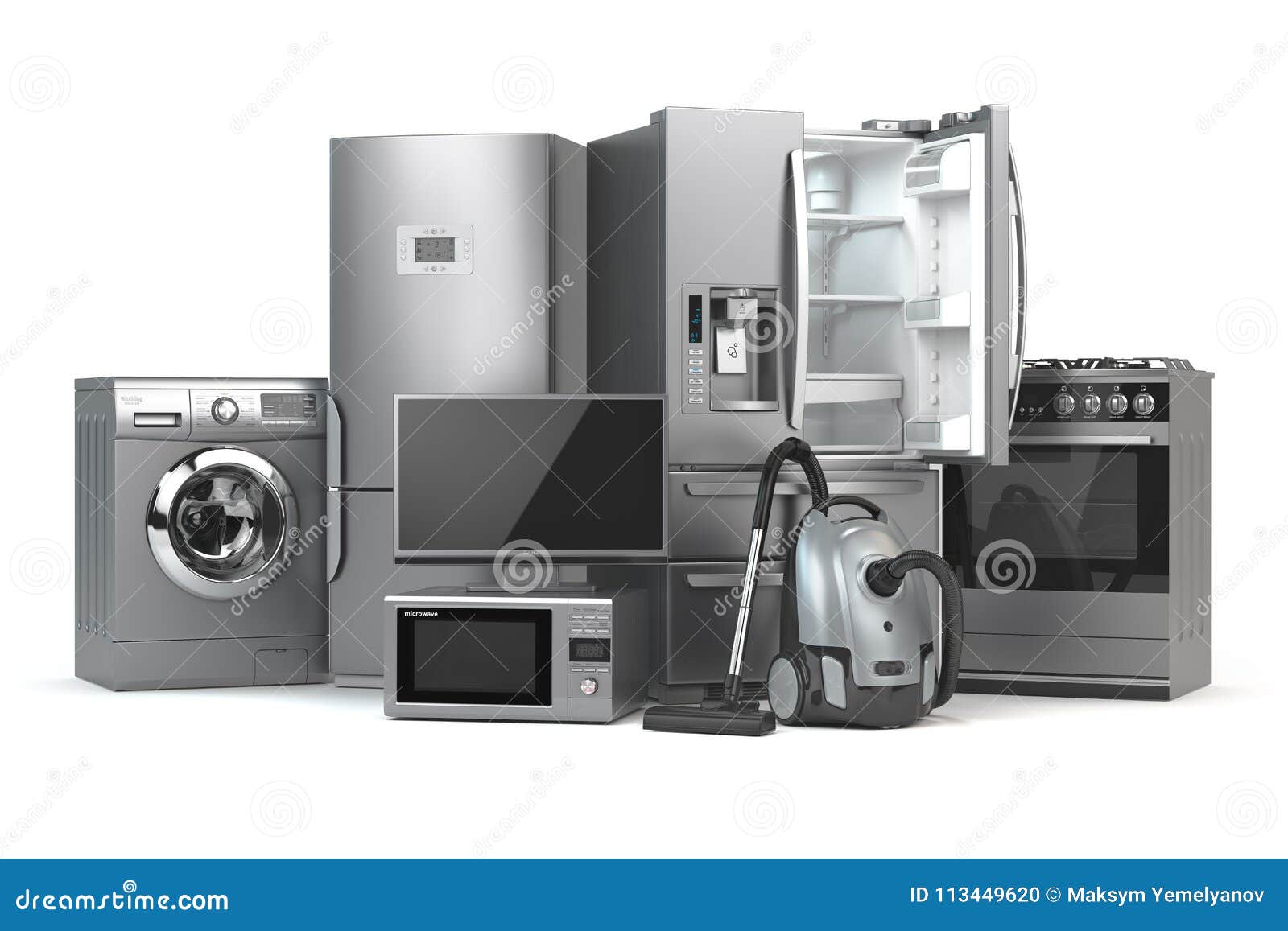 Group Of Home Appliances On Beautiful Landscape With Clouds And Sun.  Refrigerator, Gas Cooker, Microwave, Cooker Hood, Air Conditioner And  Washing Machine. Stock Photo, Picture and Royalty Free Image. Image  31692275.