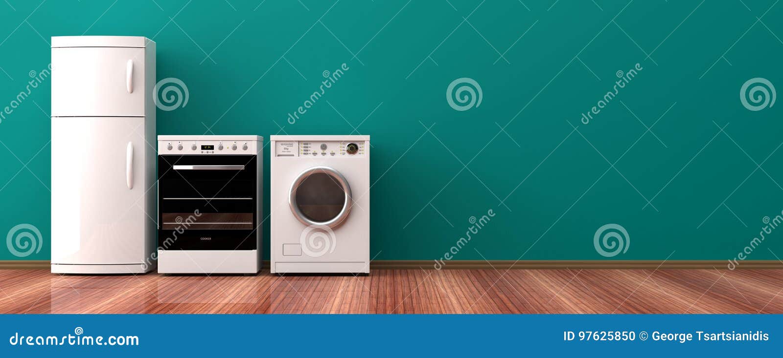 home appliances on a wooden floor. 3d 