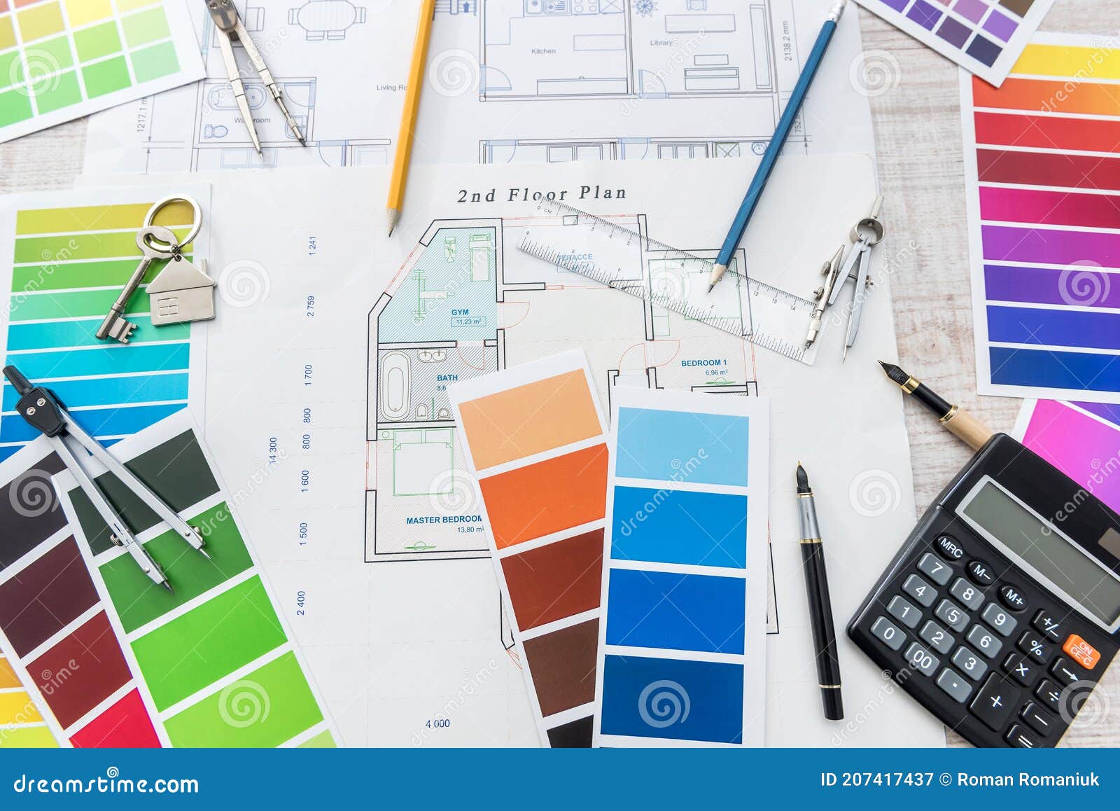 home blueprint with color palette.  architecrure