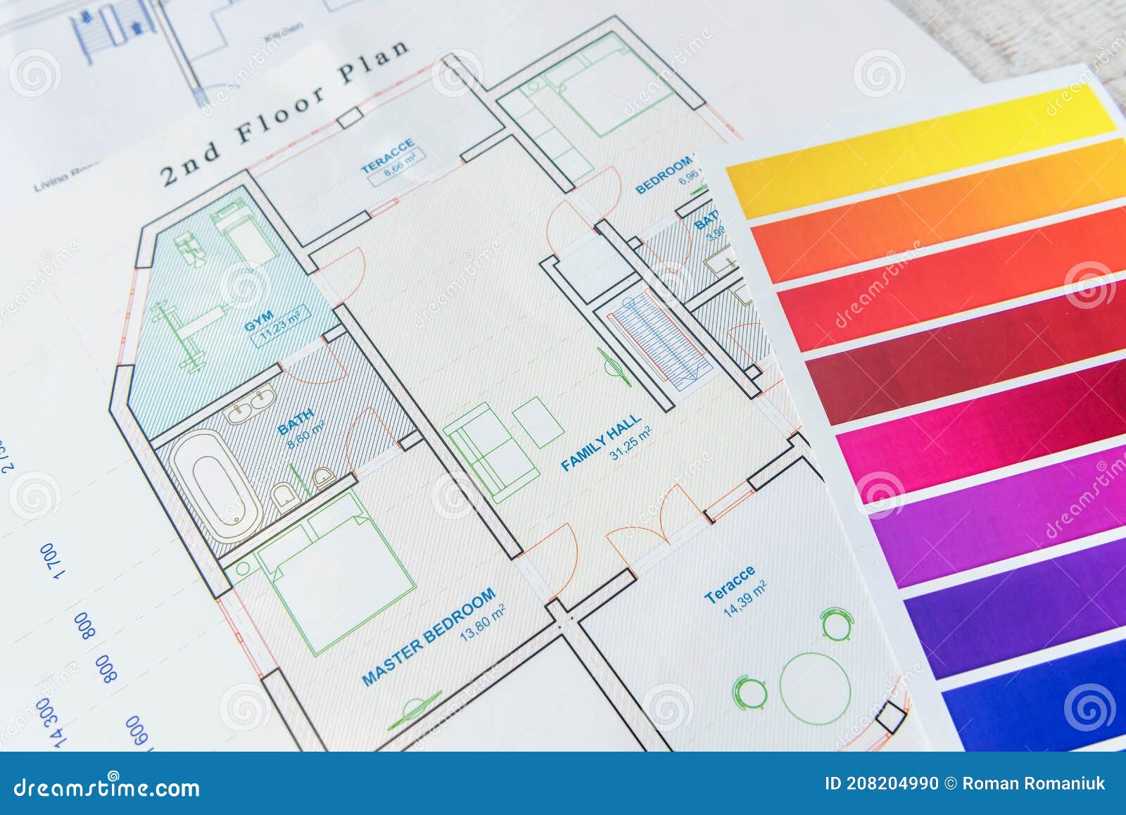 home blueprint with color palette.  architecrure
