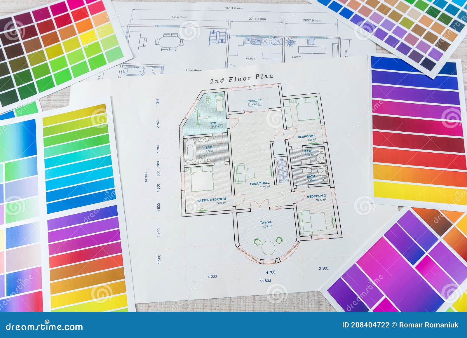home blueprint with color palette.  architecrure
