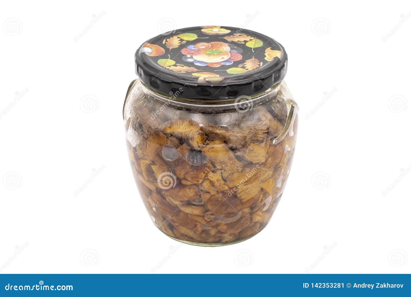 Home canning. A jar of pickled mushrooms. Isolate on white background.