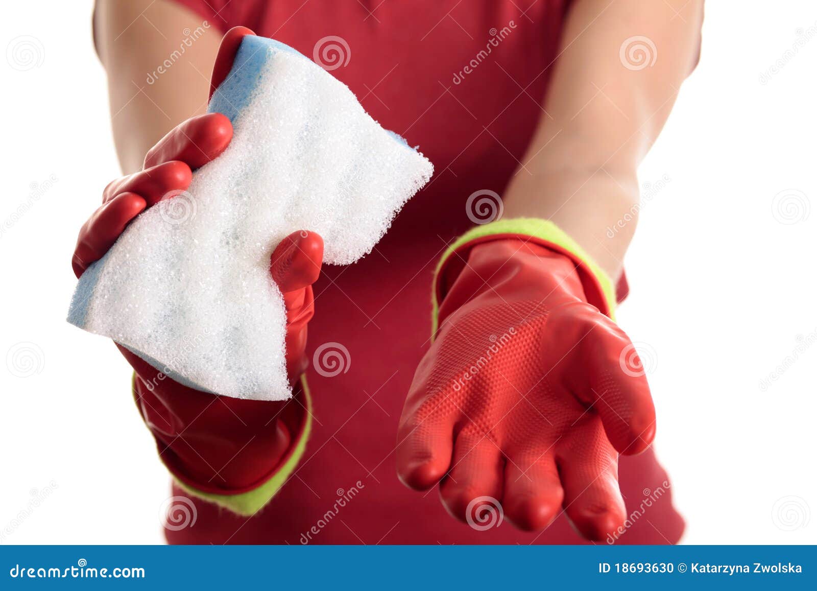 Home cleaning. Woman s hand in Red Rubber Glove with Sponge on White