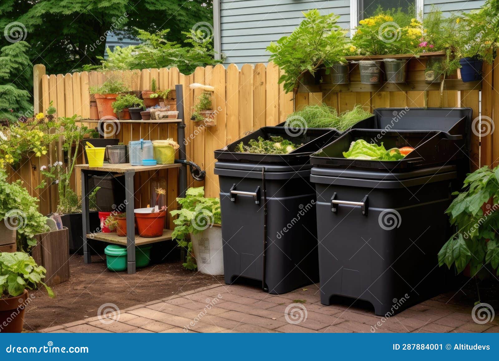 Home Compost System with Recycling Bins Nearby Stock Image Image of