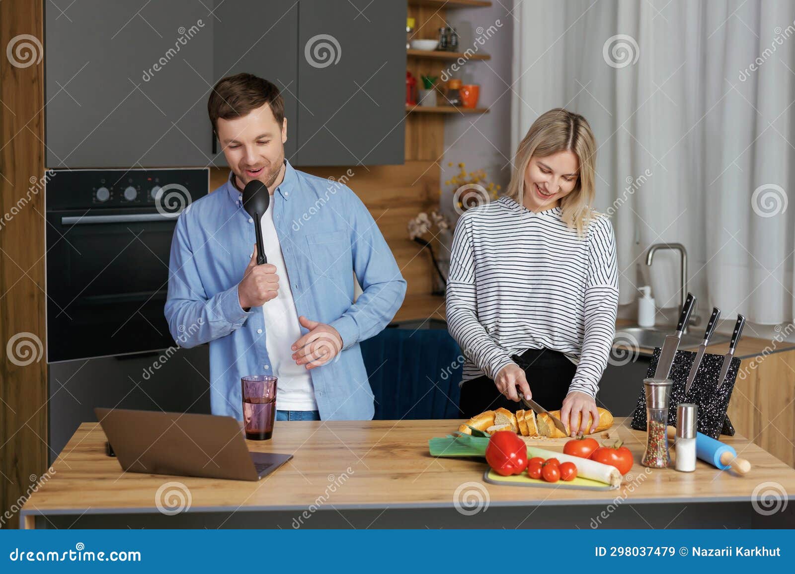 Home Concert Playful Spouses Having Fun In Kitchen Singing And Dancing Stock Image Image Of