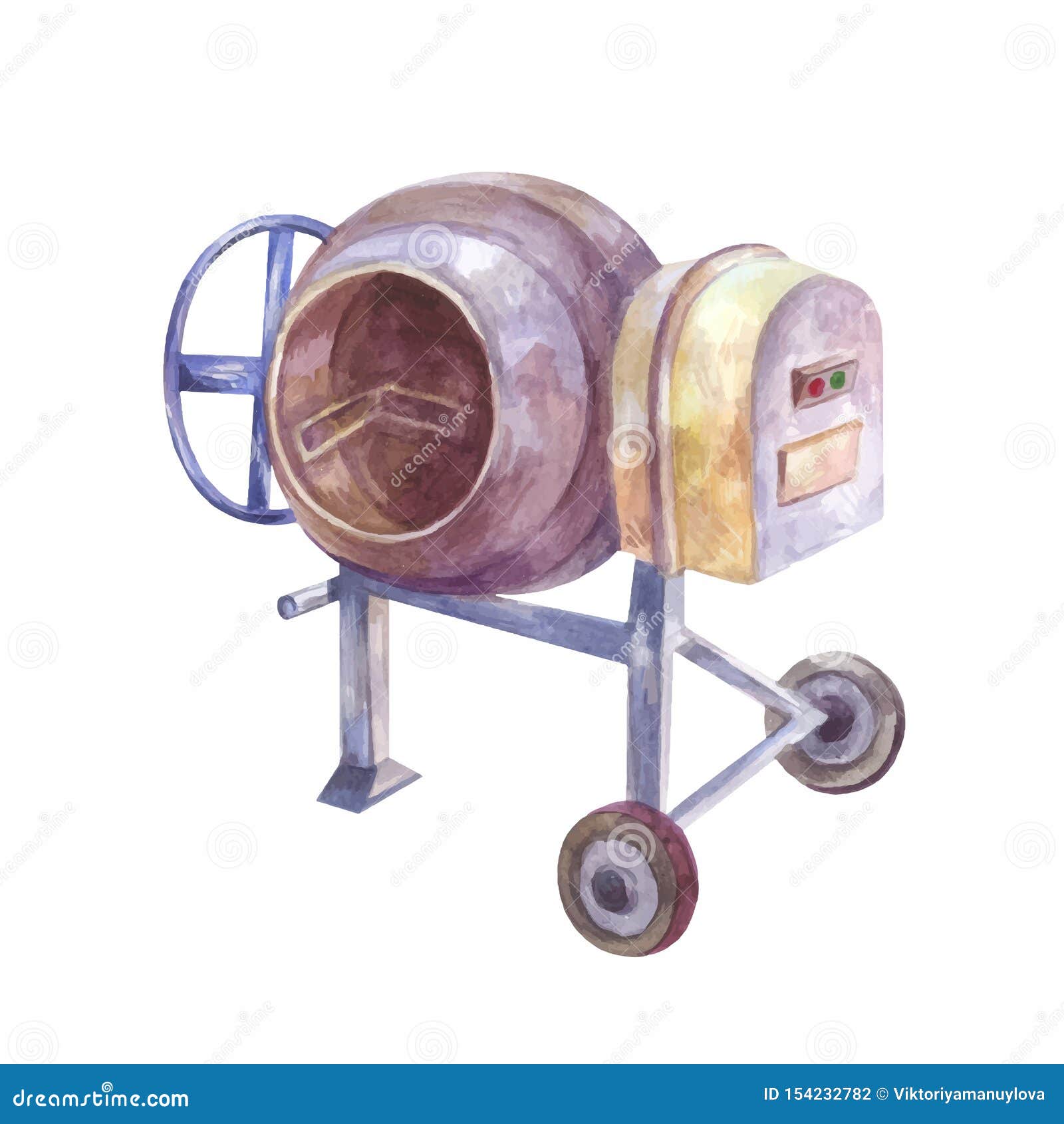 Home Concrete Mixer Isolated. Watercolor Drawing. Tool for Pouri Stock