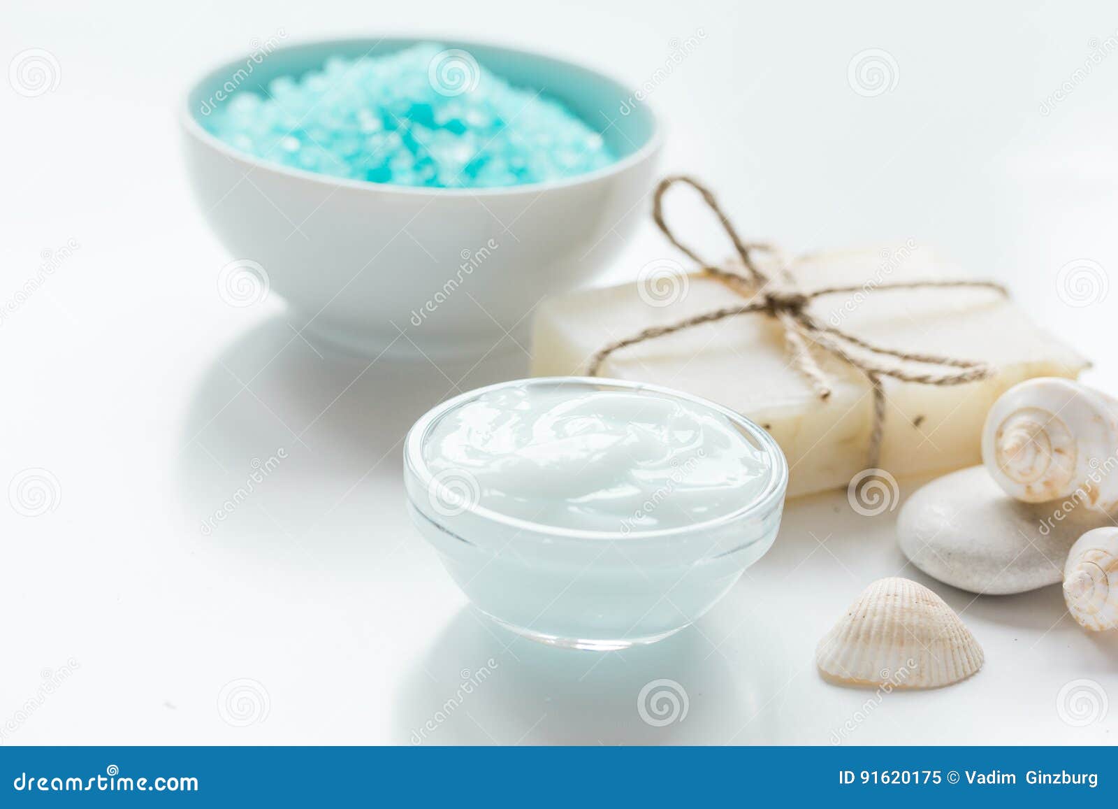 Home Cosmetic with Cream and Blue Sea Salt on White Background Stock Image Image of home, bath