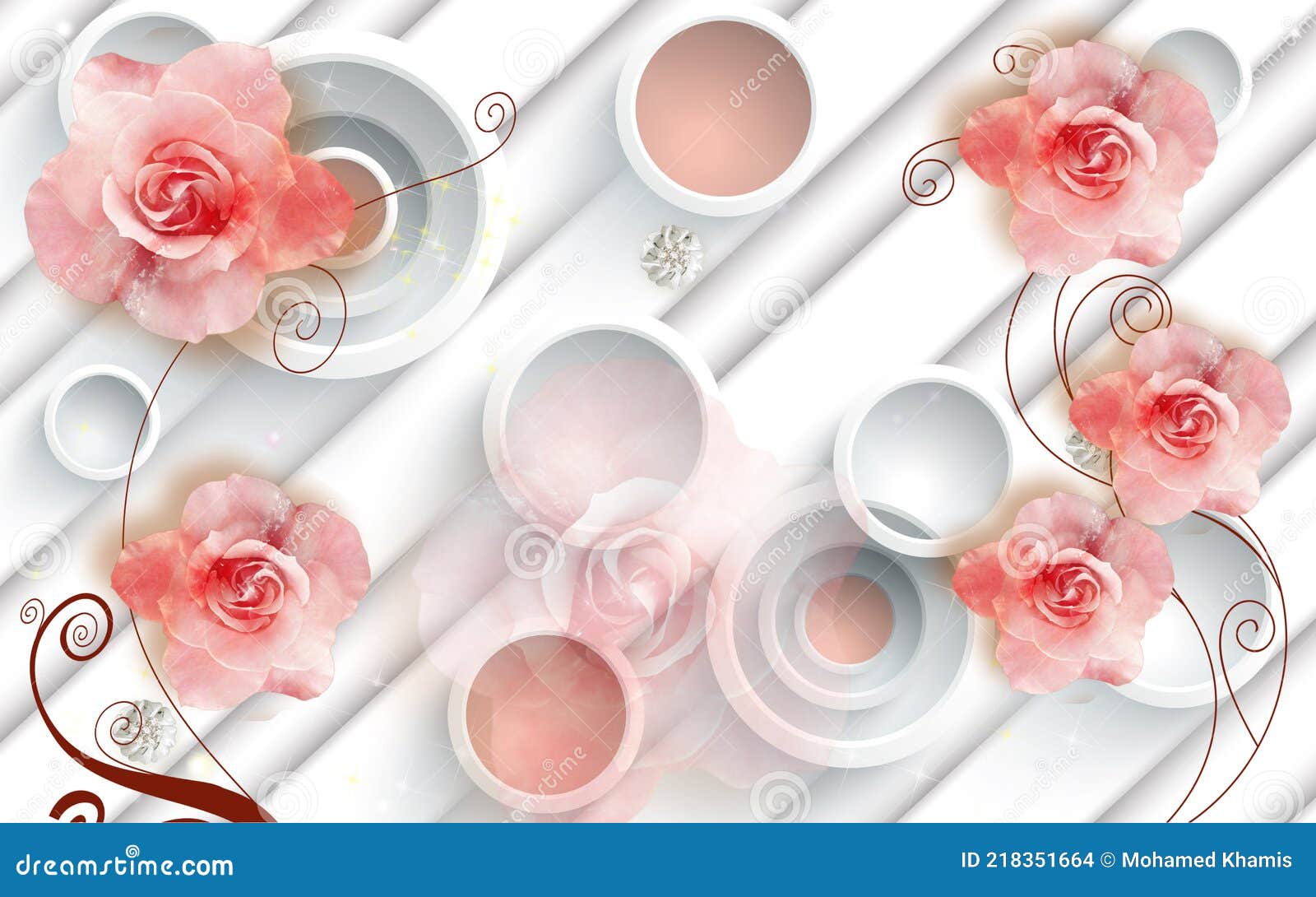 3d Wallpaper Red Flowers with Black Branches and White Circles on a Pink  Background Stock Image - Image of home, background: 219038259