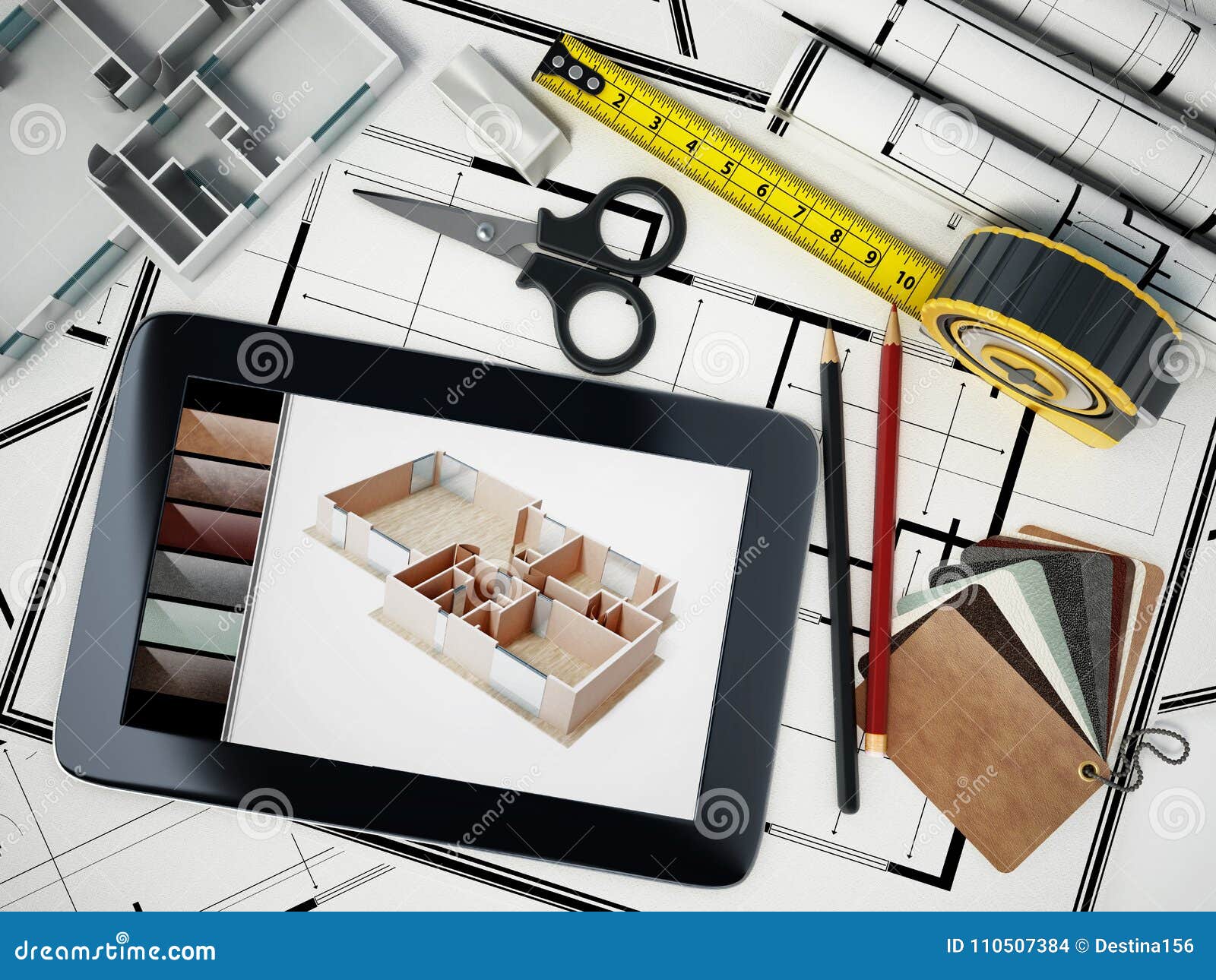 Home Decorating Tools Standing on House Bluprints. 3D Illustration