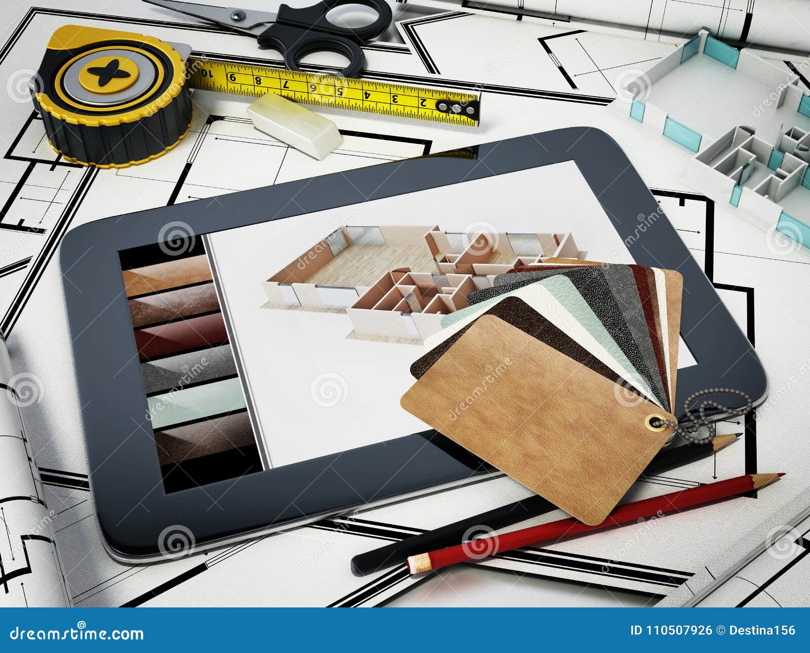 Home Decorating Tools Standing on House Bluprints. 3D Illustration