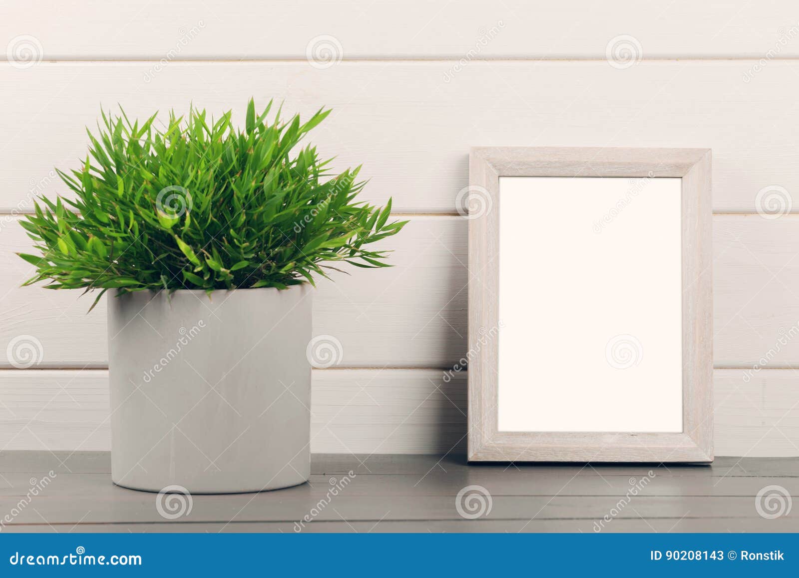 Home Decoration Blank Picture Frame And Flower Pot On Wooden T Stock Image Image of photo