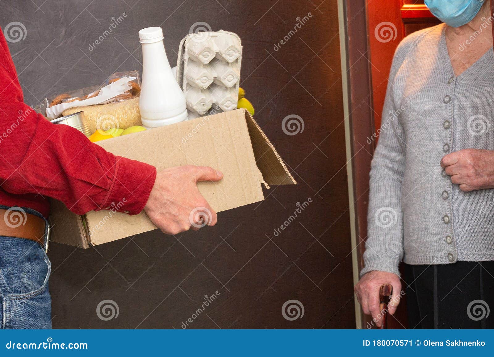 home delivering food or donation box to senior citizens in quarantine during covid-19