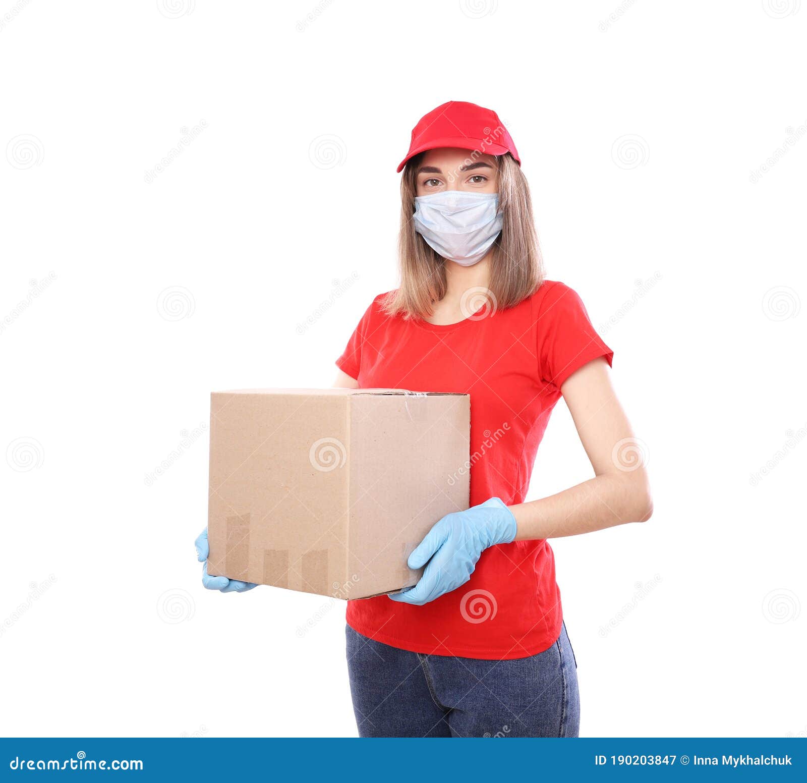 Courier Delivery Man In Medical Latex Gloves And Mask Safely