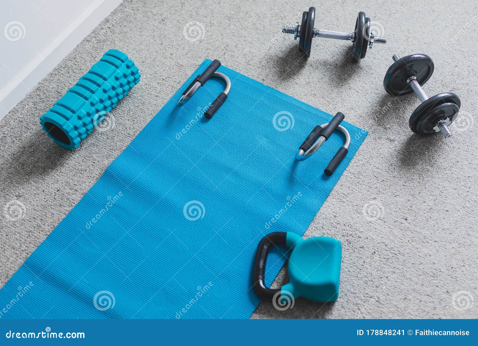 Home Gym Concept, Room with Dumbbells and Fitness Gear on Yoga Mat To ...