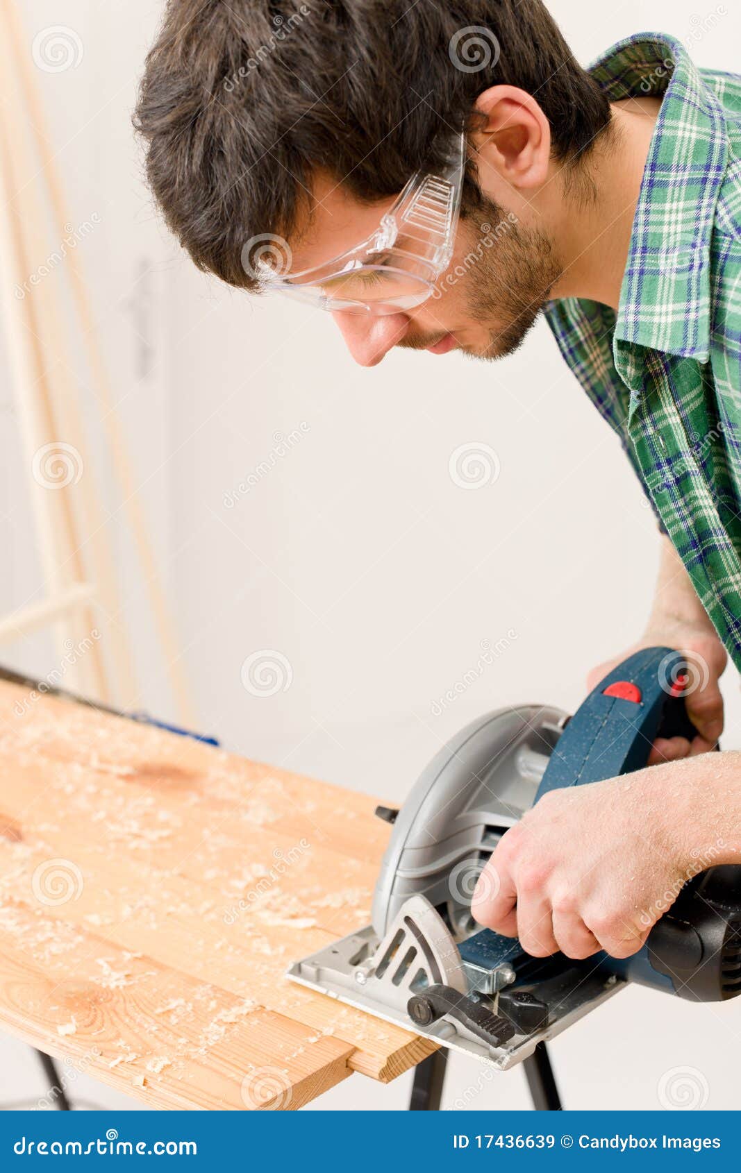 Home Improvement Handyman Cut Wood with Jigsaw Stock Image Image of