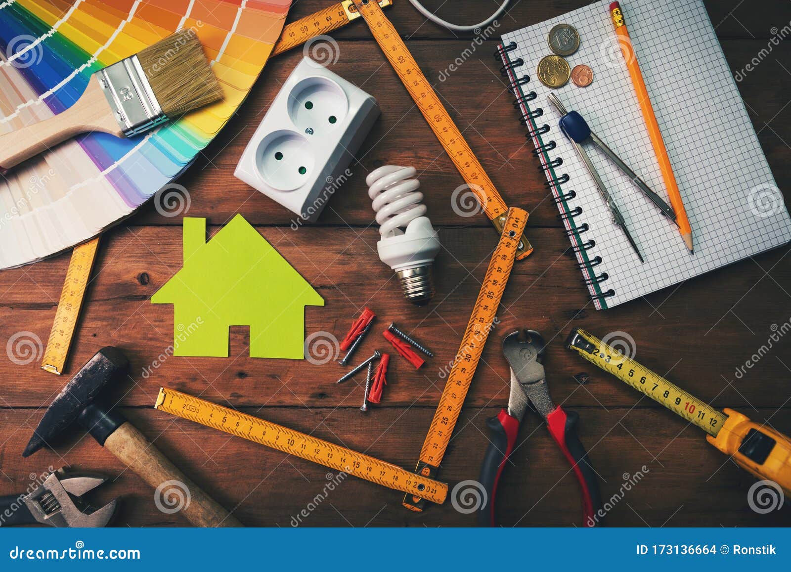 home improvement and repair concept - work tools and objects on wooden table