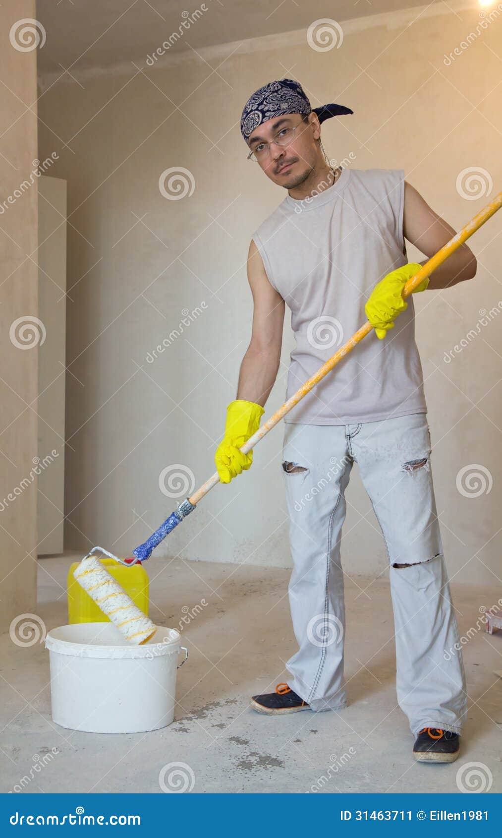 Home Improvement. Young Man Painting Ceiling Stock Image Image of