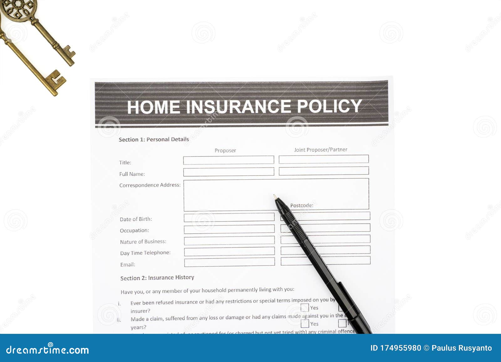 Home Insurance Policy Document Near A Pen And Keys Stock Photo Image Of Object Home 174955980