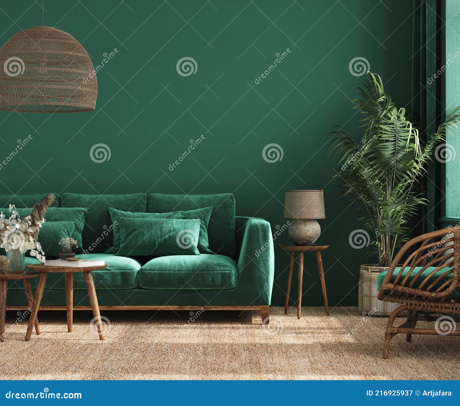 Home Interior Background with Green Sofa, Table and Decor in ...