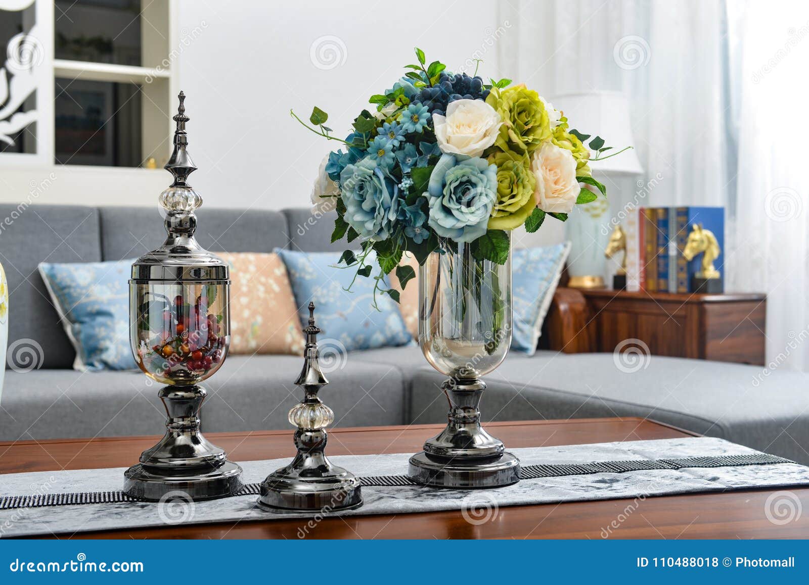 home interior decor,metal , bouquet in glass vase