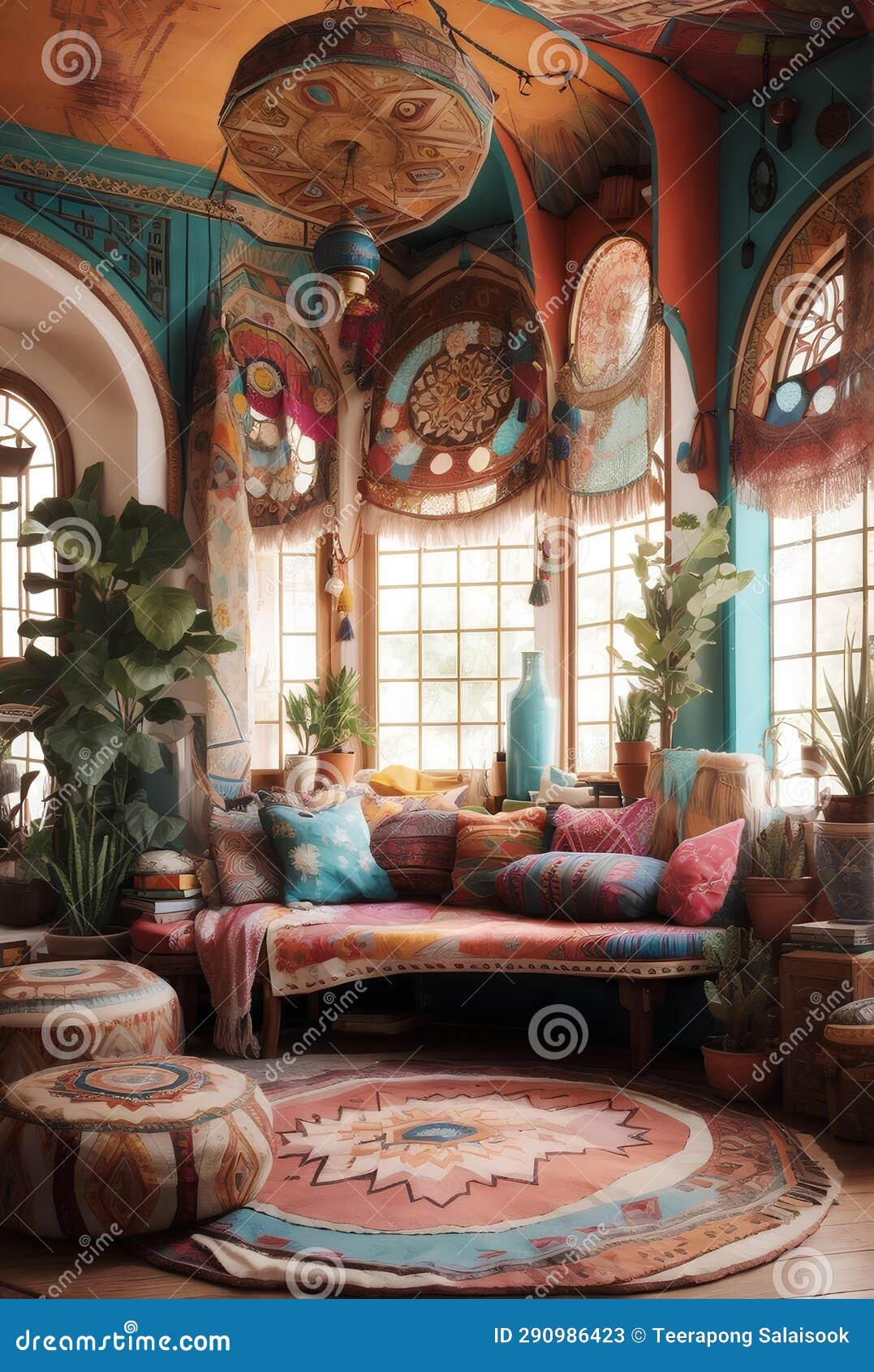 A Home Interior Design with Bohemian Style Stock Illustration