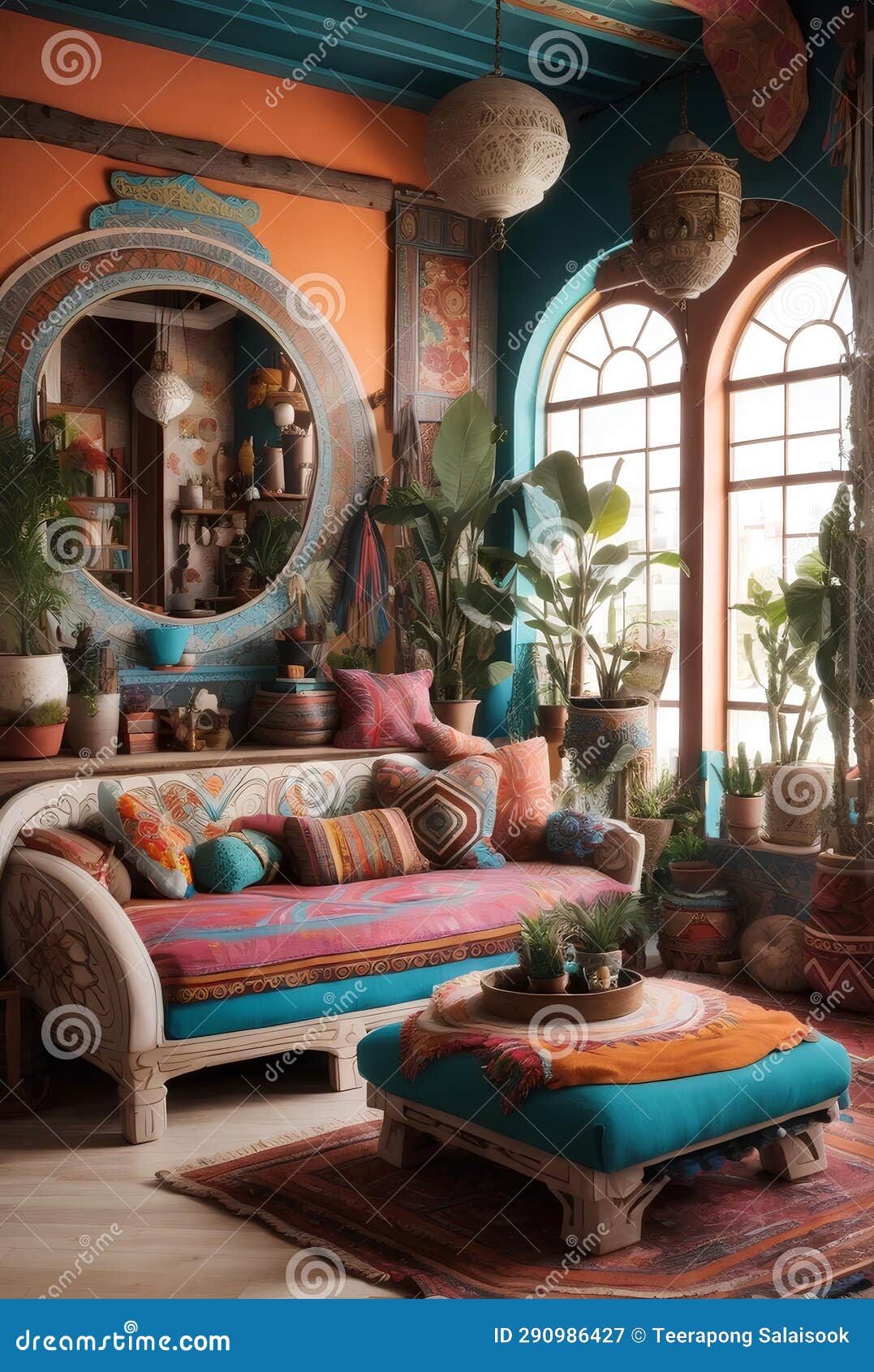 A Home Interior Design with Bohemian Style Stock Illustration