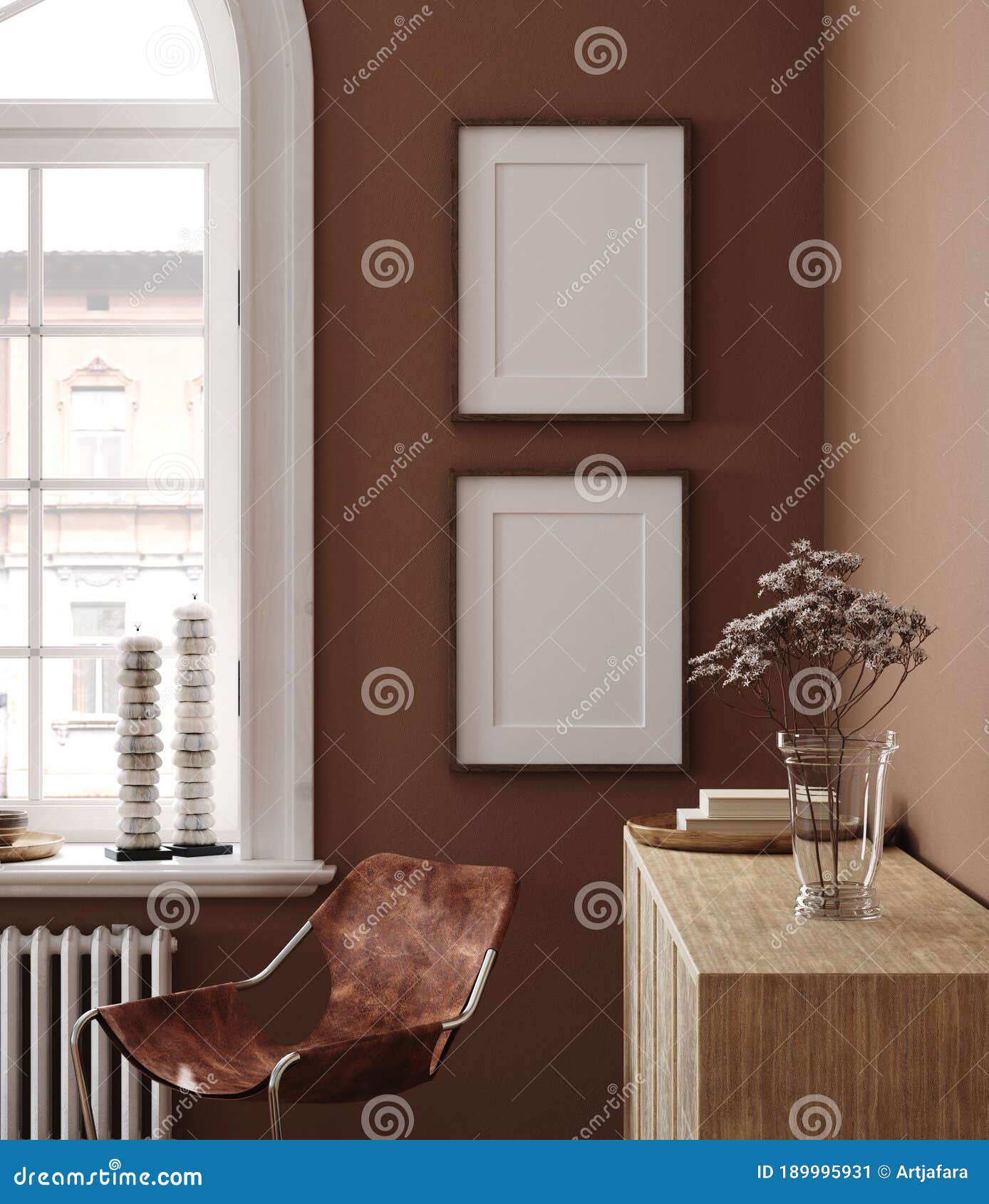 home interior with ethnic boho decoration and poster mockup
