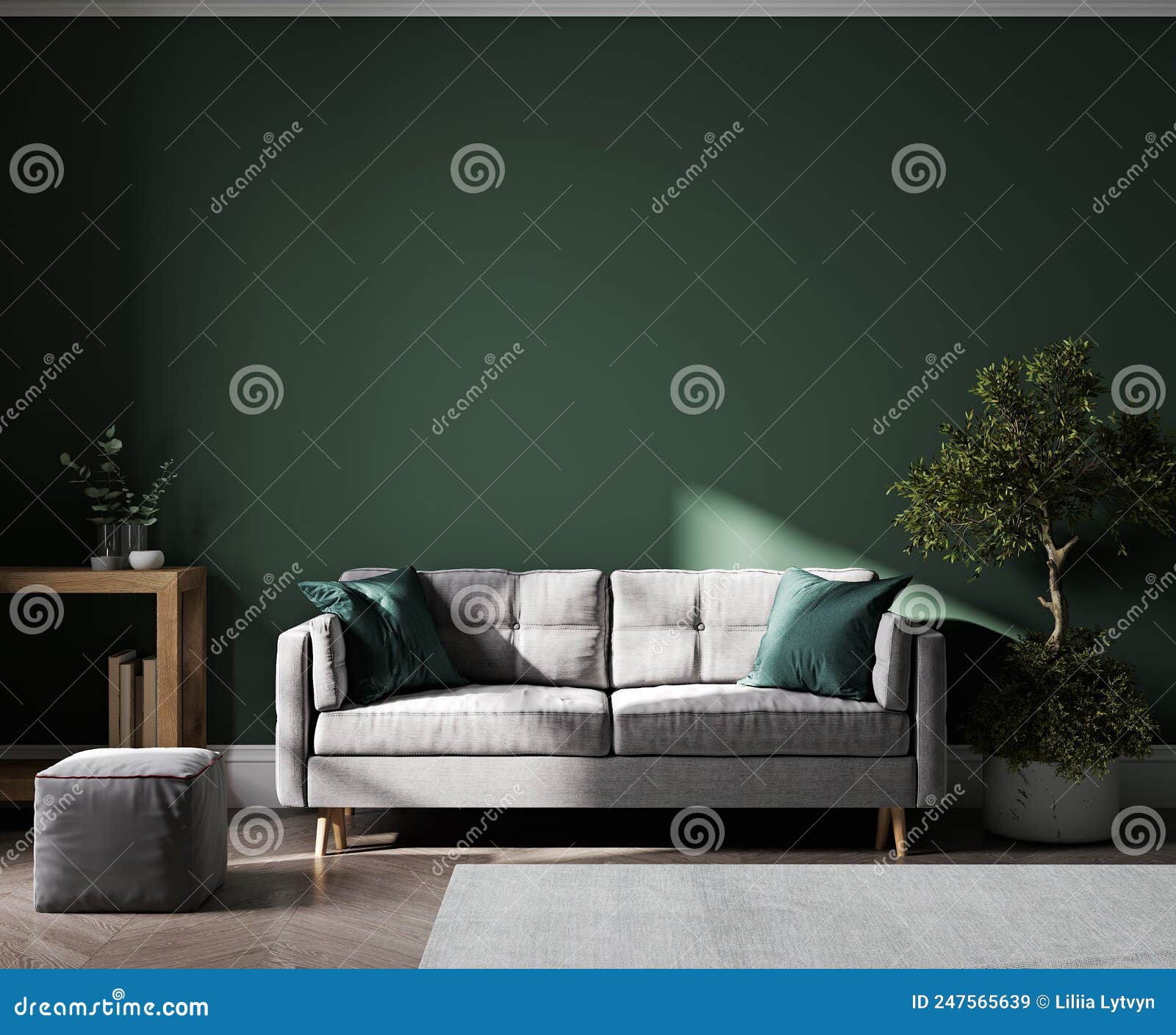 Home Interior Mockup with Green Wall and Gray Sofa, Table and Decor in