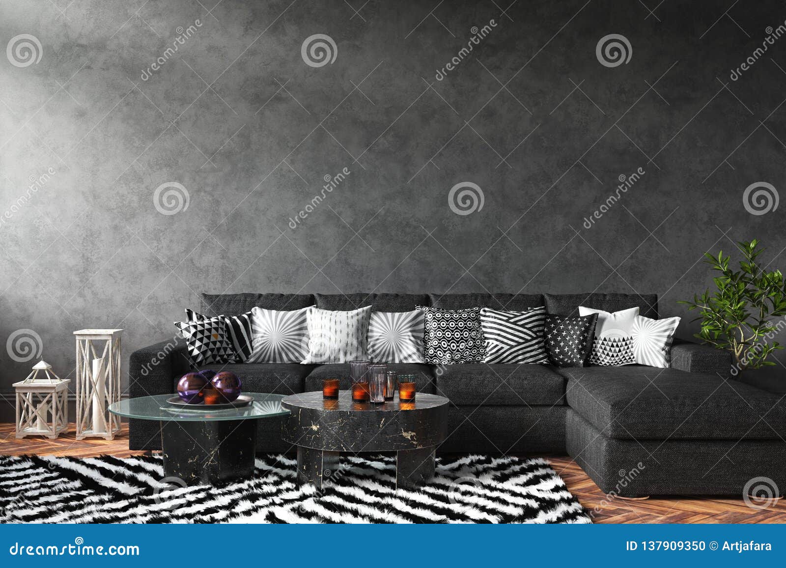 home interior mock-up with sofa and decor, black stylish loft living room