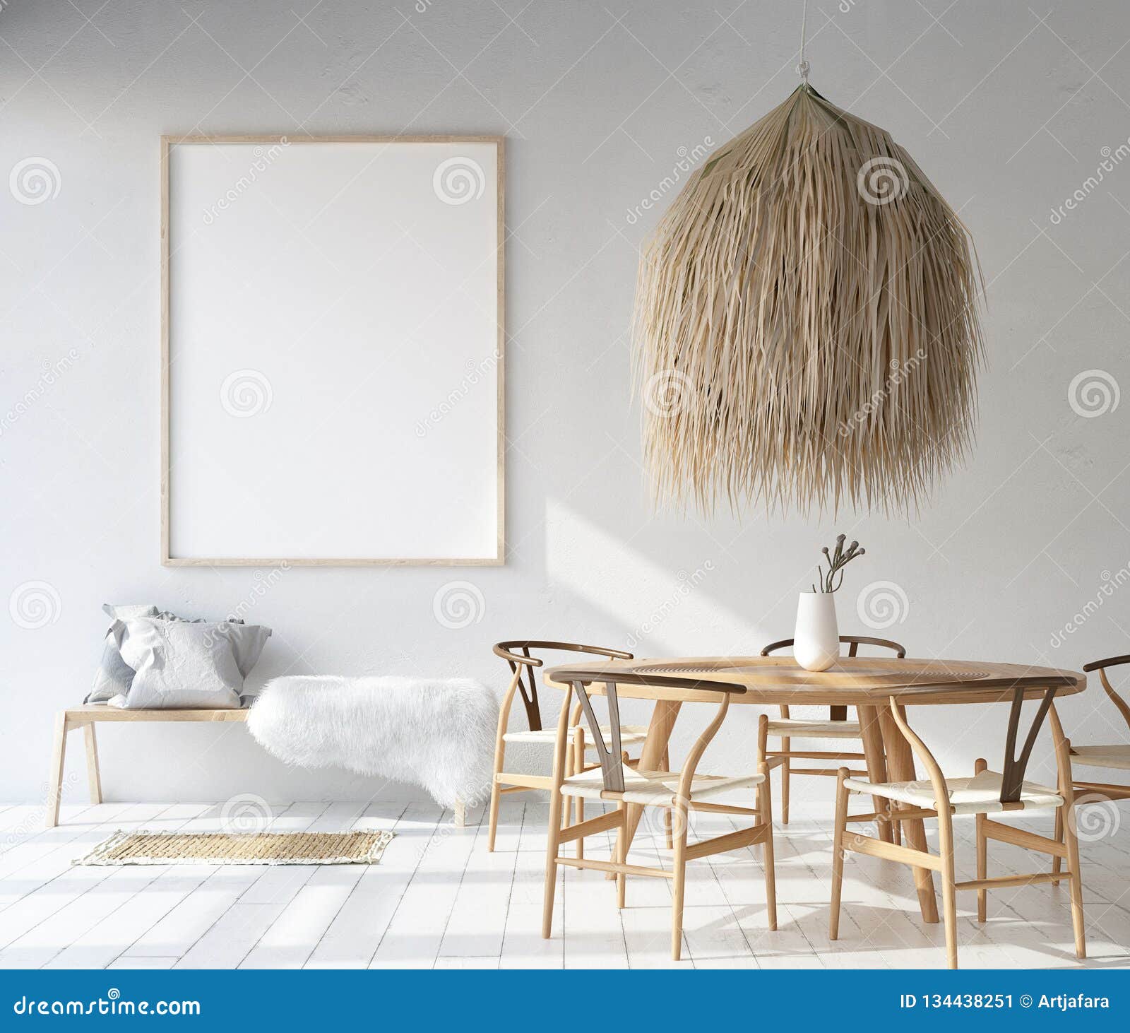 home interior with poster mockup, scandinavian bohemian style