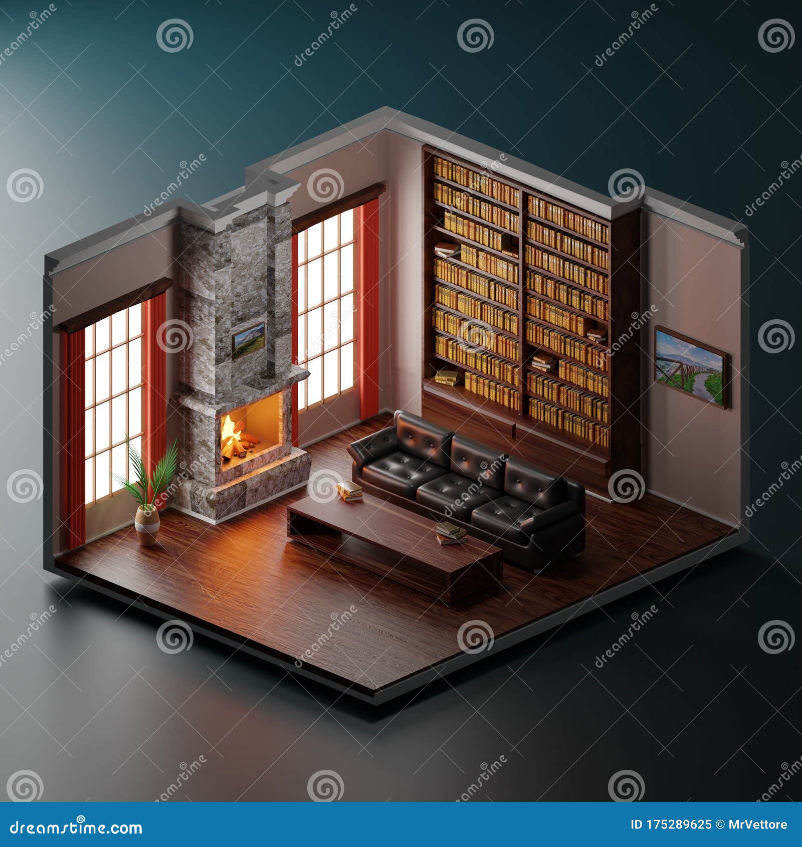 >Home Library Room Design Interior Of Library House With A Fireplace 3d Illustration Stock Illustration Illustration Of House Office 175289625
