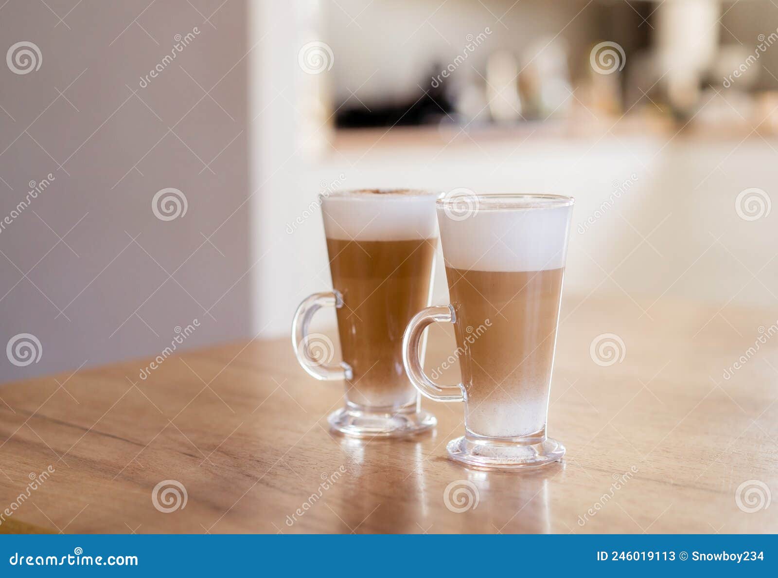 home made coffee cafe macchiato on wooden table.