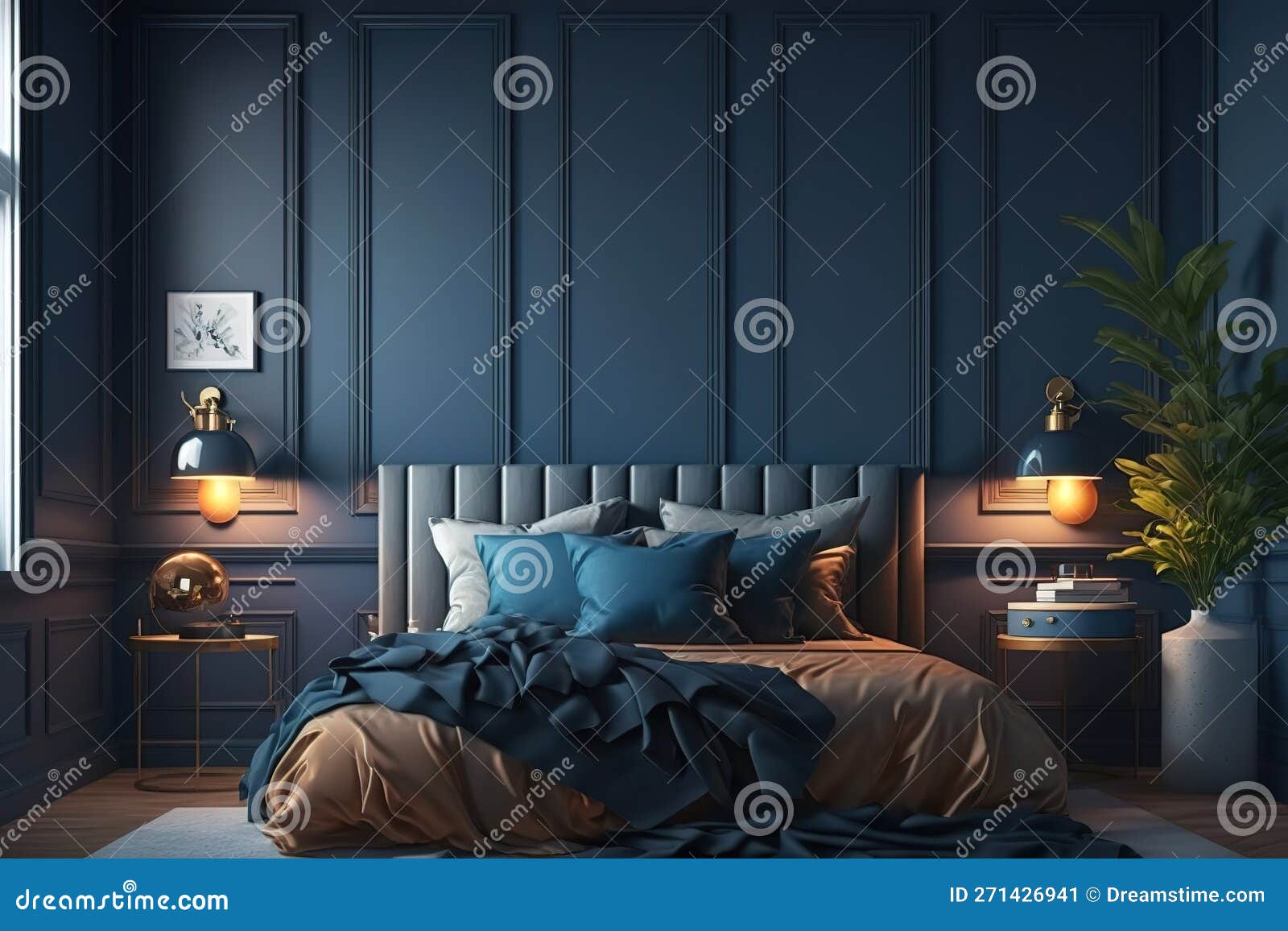 Home Mockup, Cozy Dark Blue Bedroom Interior Background, 3d Render