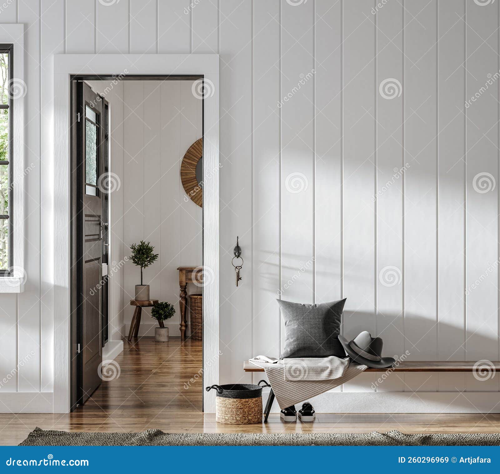 home mockup, farmhouse hallway interior background